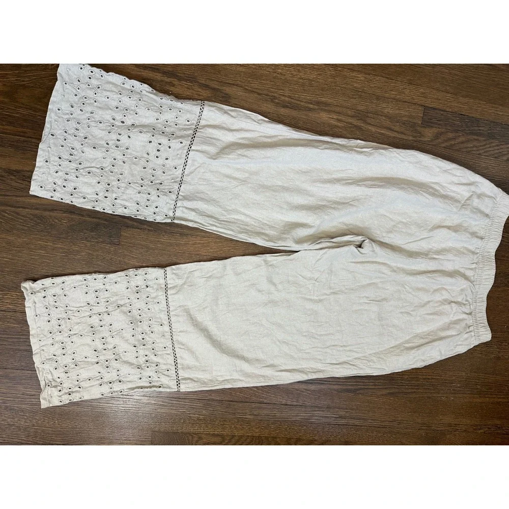 Zara Linen Blend Wide Leg Eyelet Embroidered Pants Beige Small Boho Trousers(48)